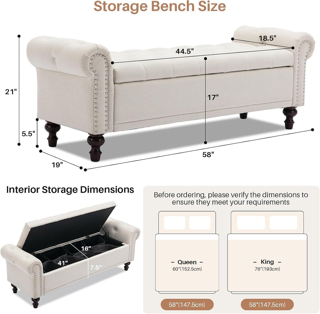 King Size 58'' End of Bed Storage Bench with Tufted Button & Rolled Arms | Linen Storage Ottoman Bed Benches Large