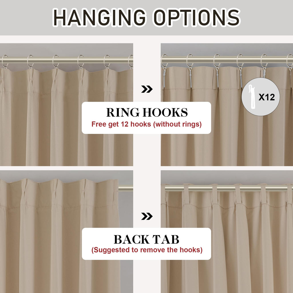 Sand Pinch Pleated Blackout Curtains with Hooks - 144 inches Extra Long Room Darkening Thermal Insulated Window