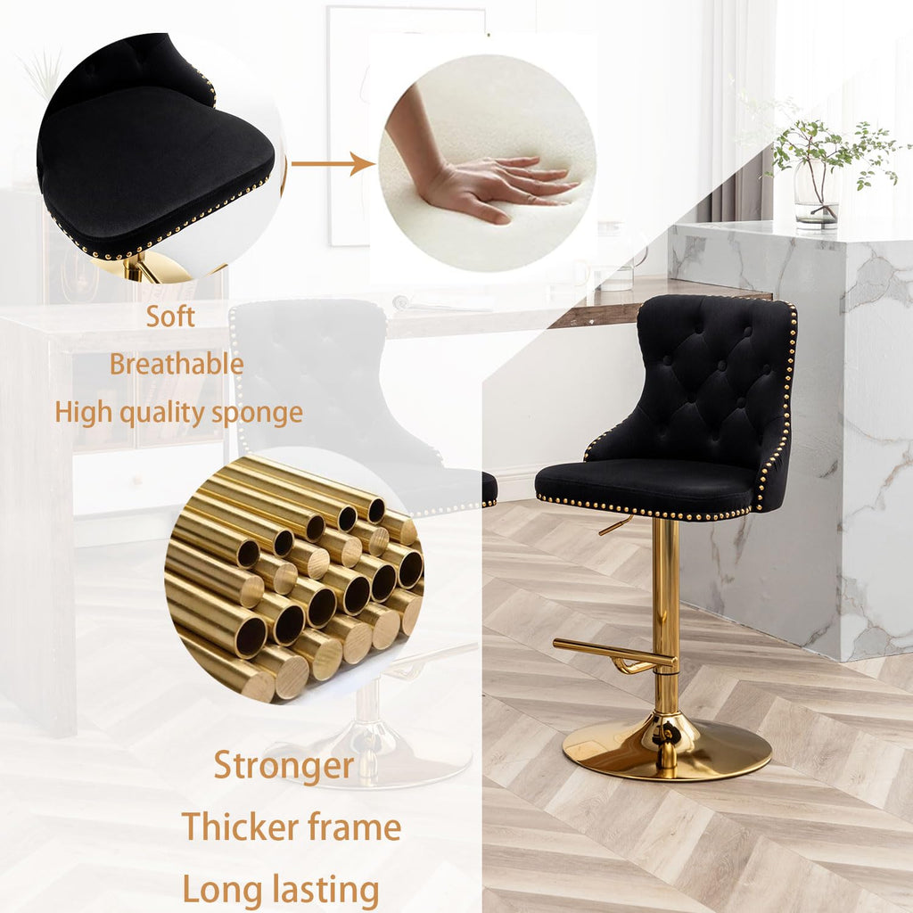 Swivel Bar Stools Set of 4, Counter Height Bar Stools with Button & Nailheads Trim, Gold Velvet Barstools Island, Pub