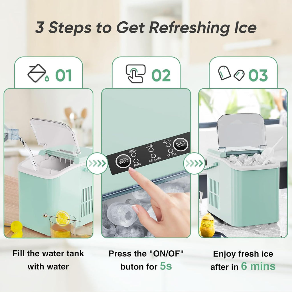Ice Makers Countertop with Handle Ice Machine, Fast in 6 Mins, 26lbs in 24 Hours, Quiet Self-Cleaning, Compact Size