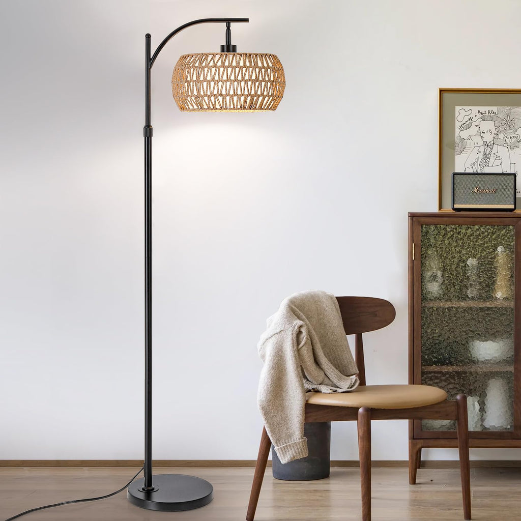 Arc Floor Lamp with Remote Control, Boho Farmhouse Standing Lamp with Stepless Dimmable Bulb and Fabric & Rattan