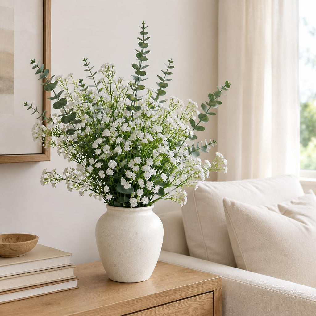 White Babys Breath Artificial Flowers with Fake Eucalyptus Leaves, 18Pcs