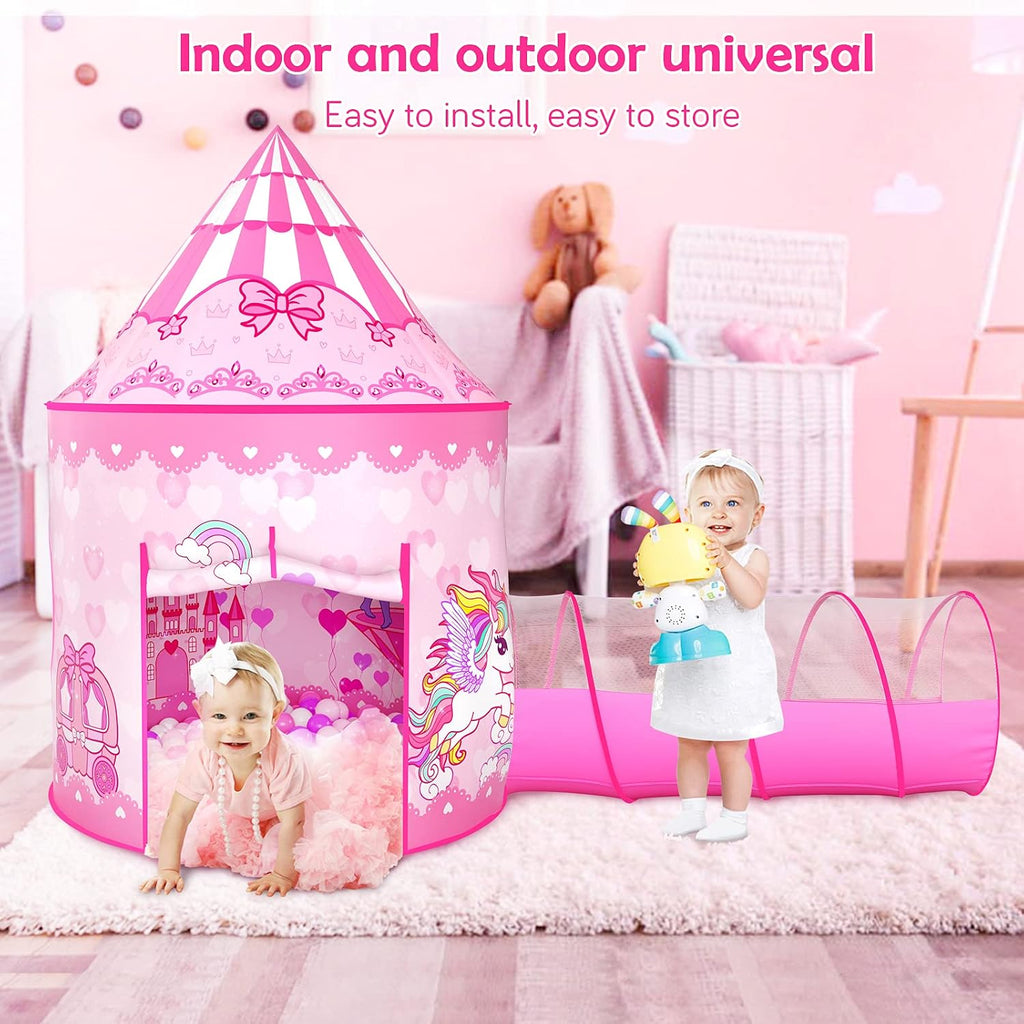 3PC Princess Tent for Girls with Kids Ball Pit and Crawl Tunnel for Toddlers, Pink Pop Up Playhouse Toys Indoor