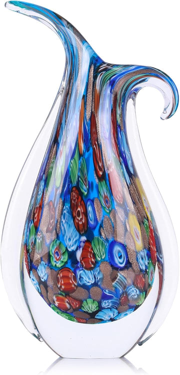 Hand Blown Glass Vase for Centerpiece, Murano Style Table Decoration, Blue Blown Art Glass Ellipse Flower Vase