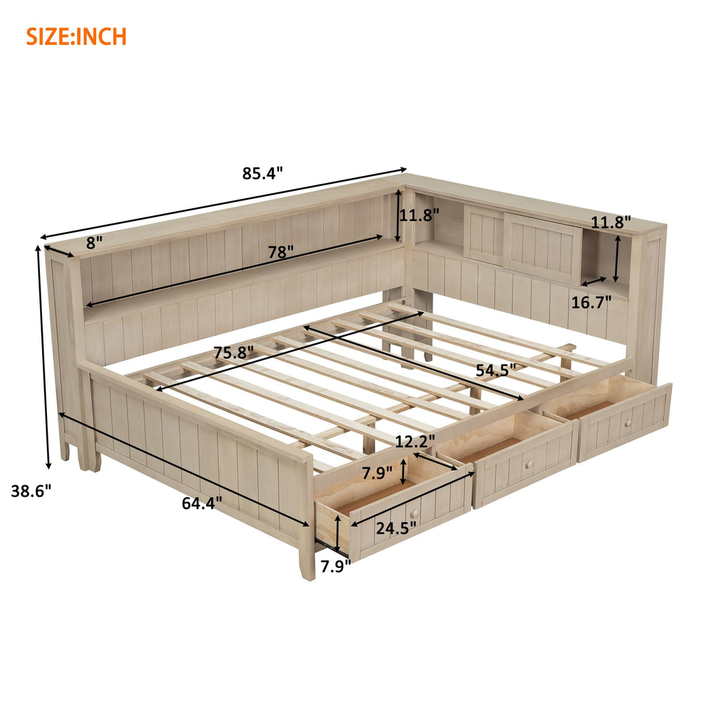 Corner Bed Frame with Bookcase Storage, Wood Platform Bed Frame with 3 Drawers, Daybed with Storage
