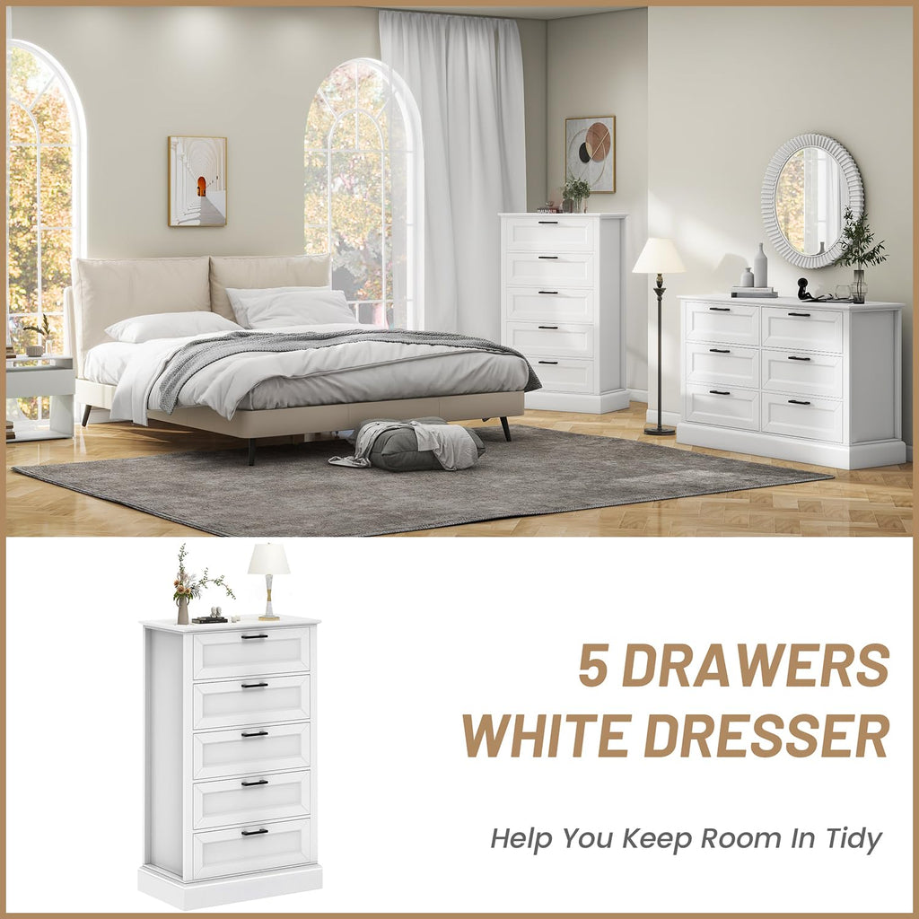 White Dresser with 5 Drawers, Vertical Storage, Wood Tall Dresser, Wooden Tall Chest of Drawers, Lingerie Chest