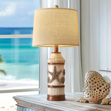 24" Table Lamp, Boho Table Lamp, Bedside Nightstand Lamp, Coastal Nautical Lamp with Starfish Conch Pattern for