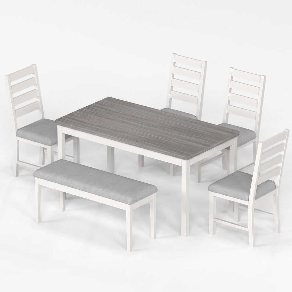 6-Piece Dining Table and Chair Set with 4 Chairs & 1 Bench, Grey