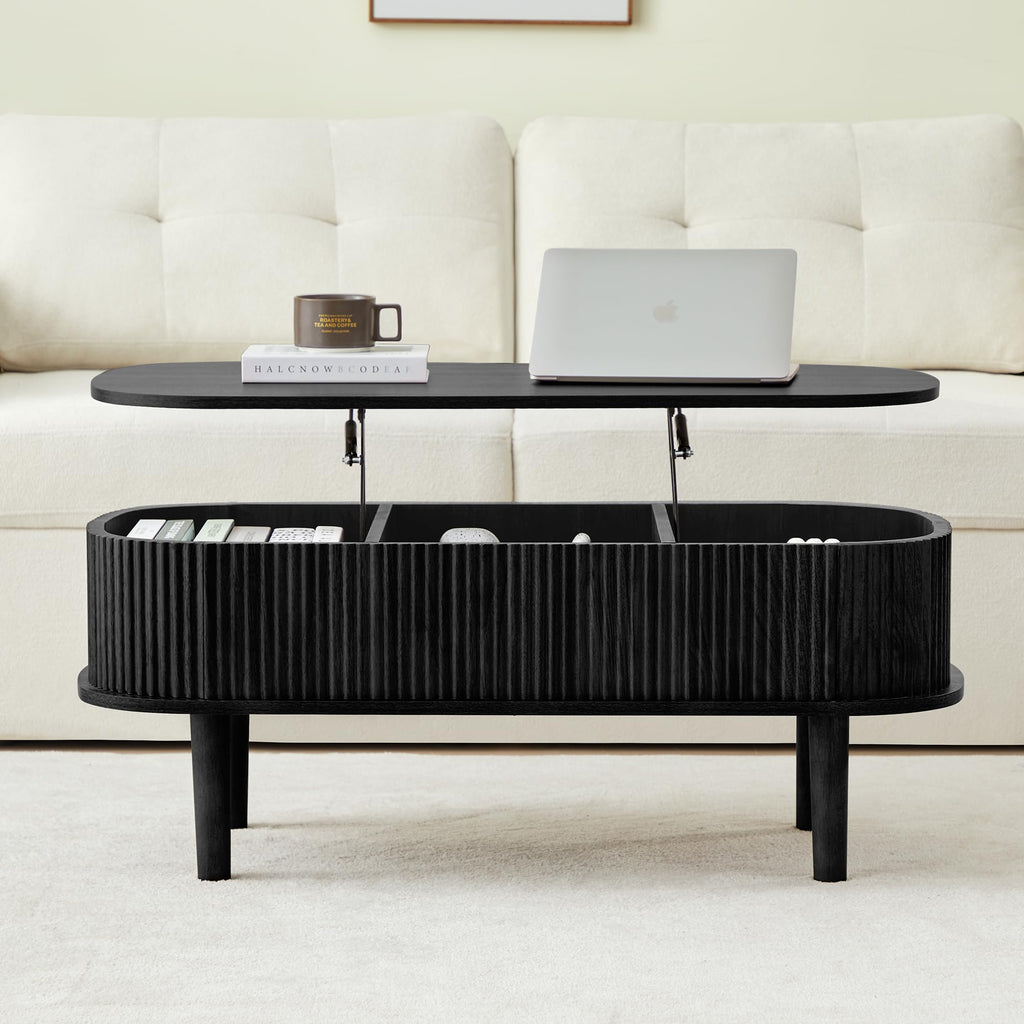 Fully Assembled Fluted Lift Top with Hidden Compartment, Wooden Center Table, Modern Oval Lift Tabletop Living Room