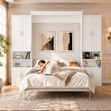 Queen Murphy Bed with 2 Side Cabinets, USB Port, Shelves, White