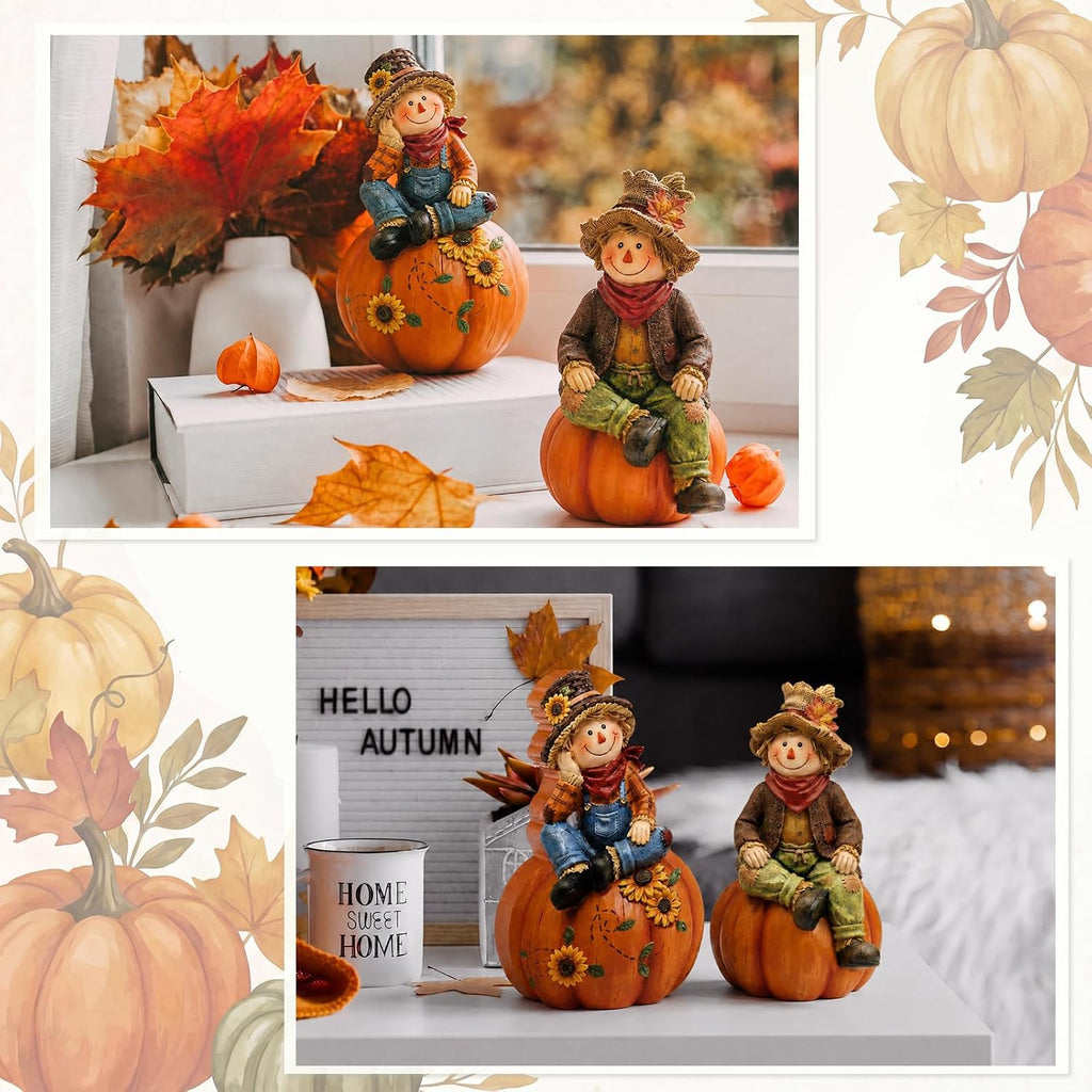 Fall Scarecrows Figurines Wooden Thanksgiving Table Decor - Set of 2
