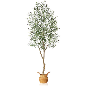 Artificial Olive Tree 7 Feet Fake Olive Silk Plant and Handmade Seagrass Basket, Perfect Tall Faux Topiary Silk Tree