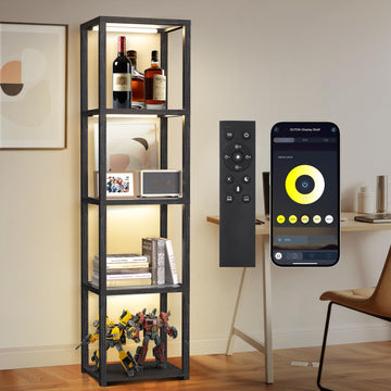 67" Glass Display Shelf with Dimmable LED Floor Lamp, Collectibles Display Cabinet with Remote & App Control, 5 Tier