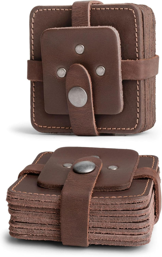 Leather Coasters, Premium Leather Table Protection for Drinks, Elegant Accessory, Protects Surfaces, Bourbon - Set of 8