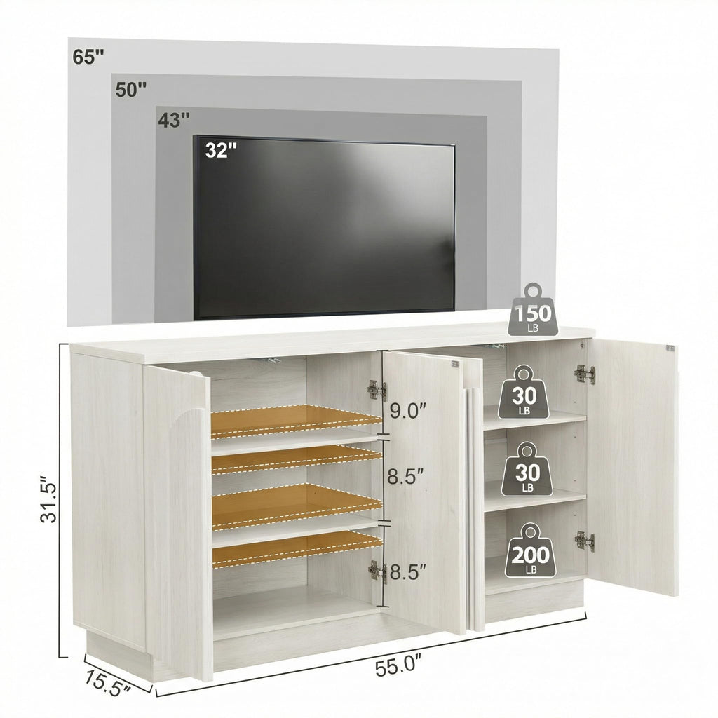 White Oak Fluted TV Stand with Arched Reeded Design Doors, Modern Entertainment Center with Storage for Up to 65