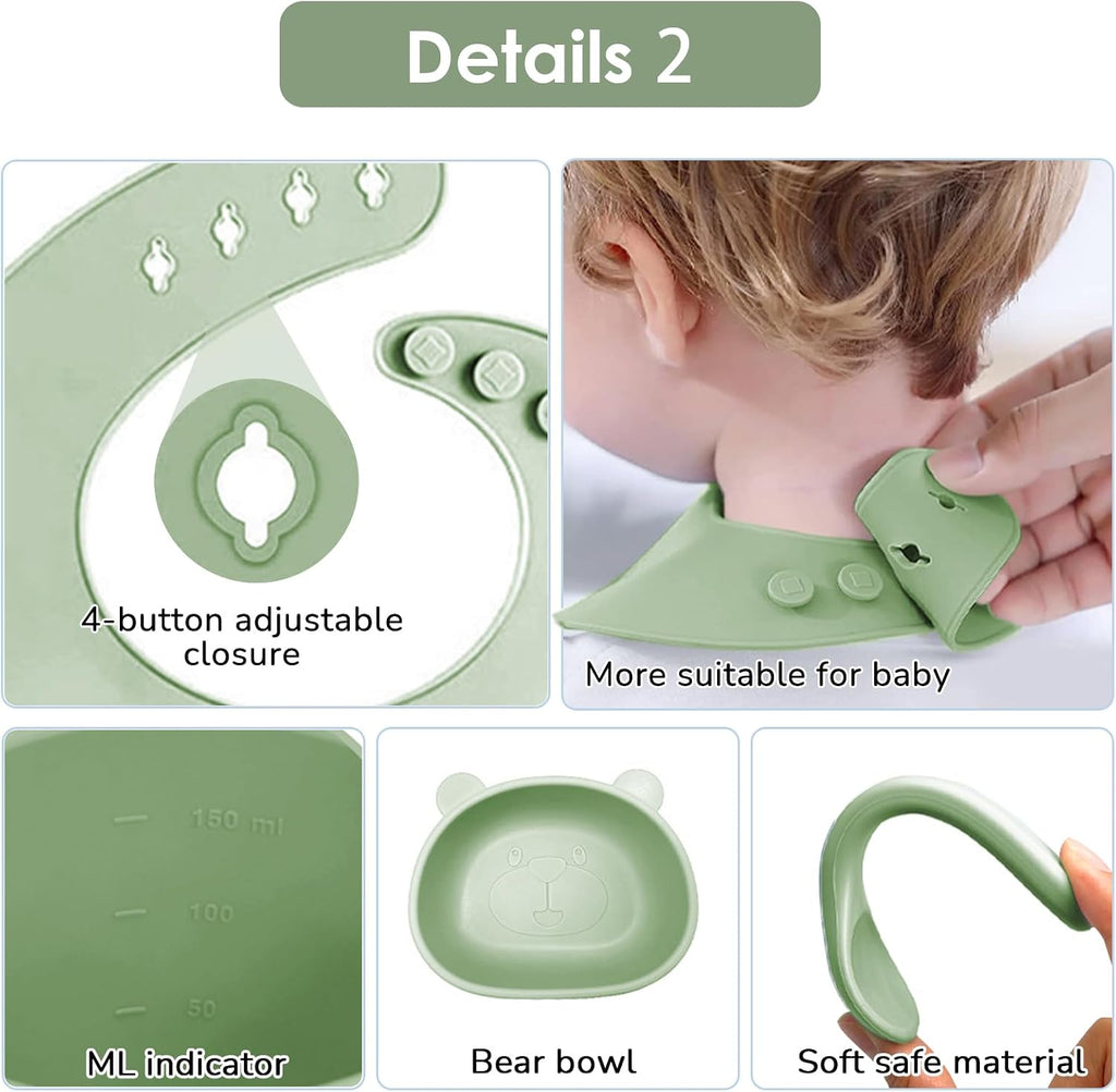 Feeding Set, 14 Pcs Baby Led Weaning Supplies, Baby Spoons & Forks Suction Bowl Divided Plate Bib Cup, First Stage
