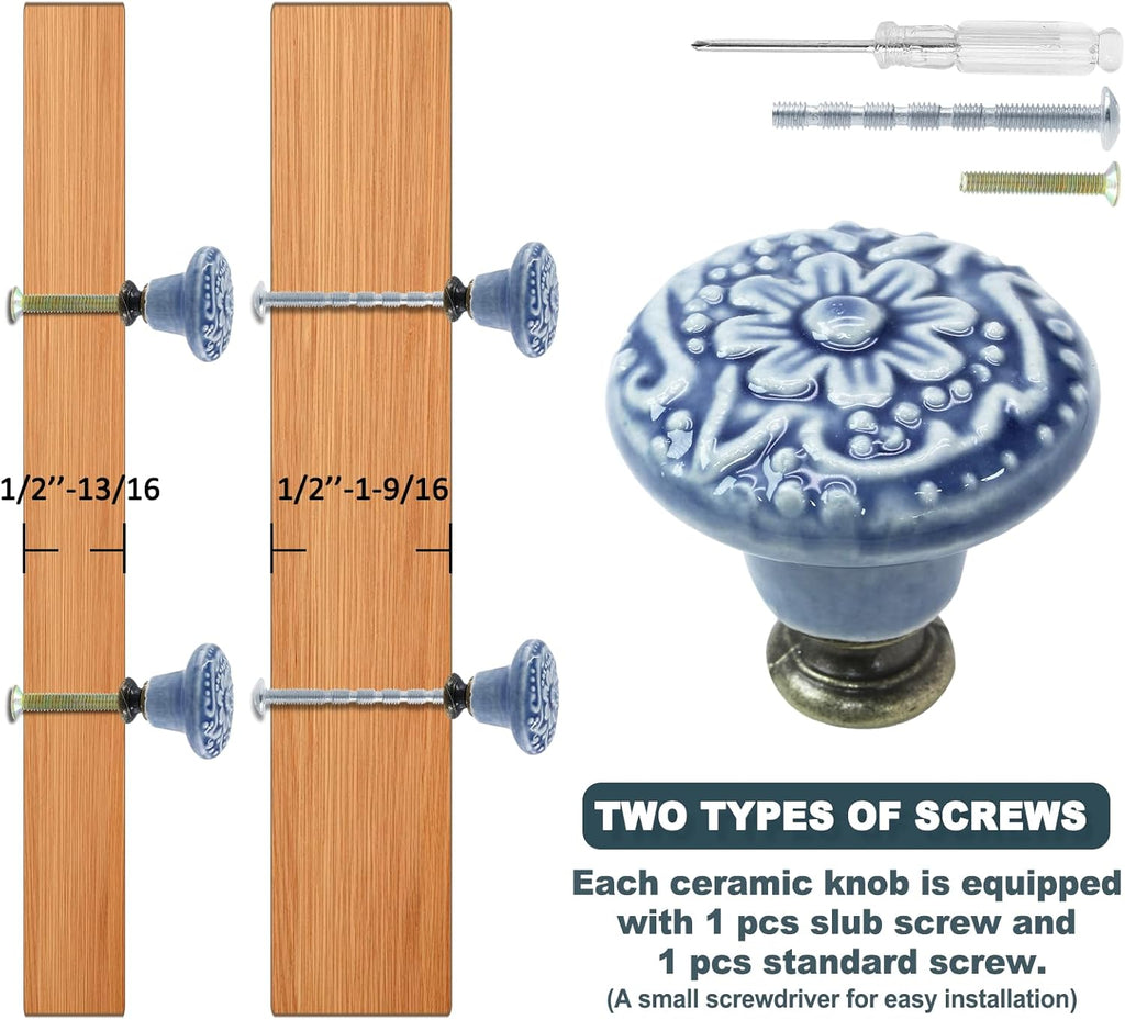12 Pcs Light Blue Vintage Round Ceramic Cabinet Knobs and Pulls for Drawer, Cupboard, Closet Door