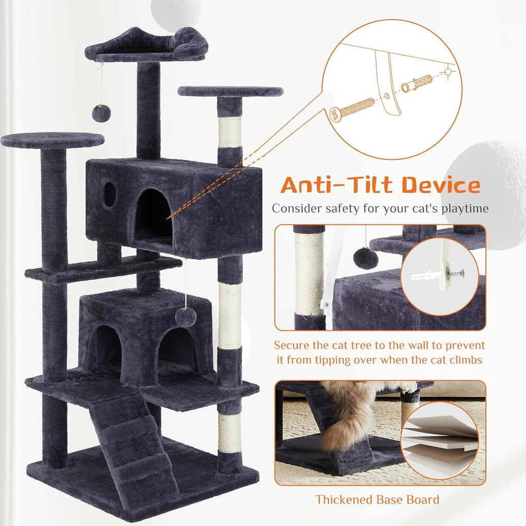 54 Inch Cat Tree Tower, Multi-Level Tower with Cat Scratching Post, Indoor Cat Condo with Climbing Ladder, Plush Toy