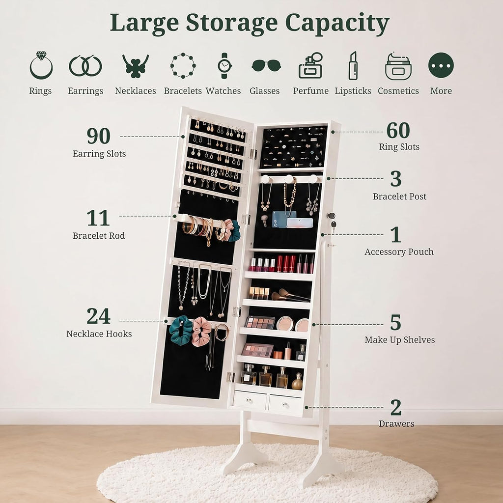 Freestanding Jewelry Armoire Cabinet, 47.3" Full Length Mirror Jewelry Organizer, Lockable Standing Jewelry