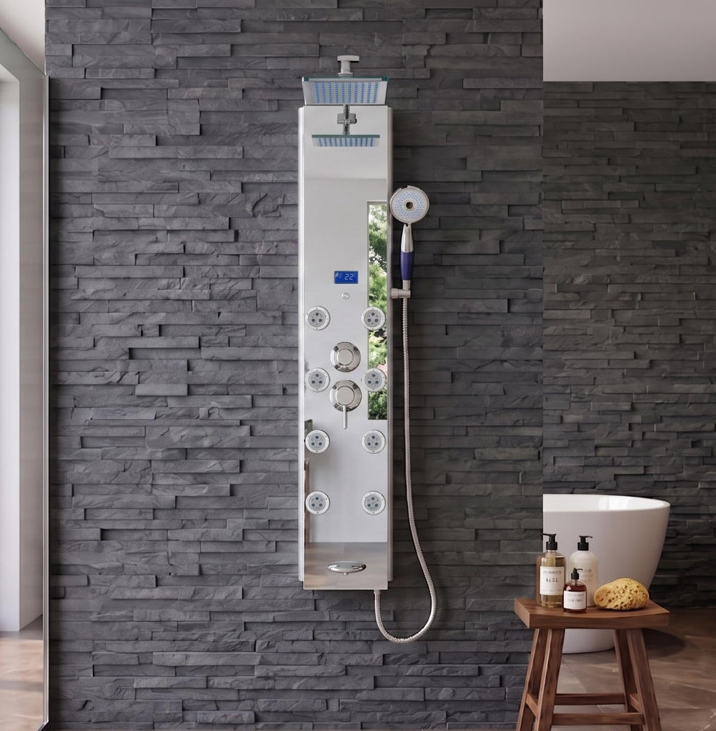 52" Aluminum SPA392M Shower Panel Tower System with Rainfall Shower Head and 8 Adjustable Massage Jets