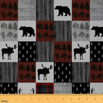 Rustic Bear Fabric By The Yard, Farmhouse Deer Upholstery, Deer Hunting Fabric, Buffalo Check Style Natural Theme Red