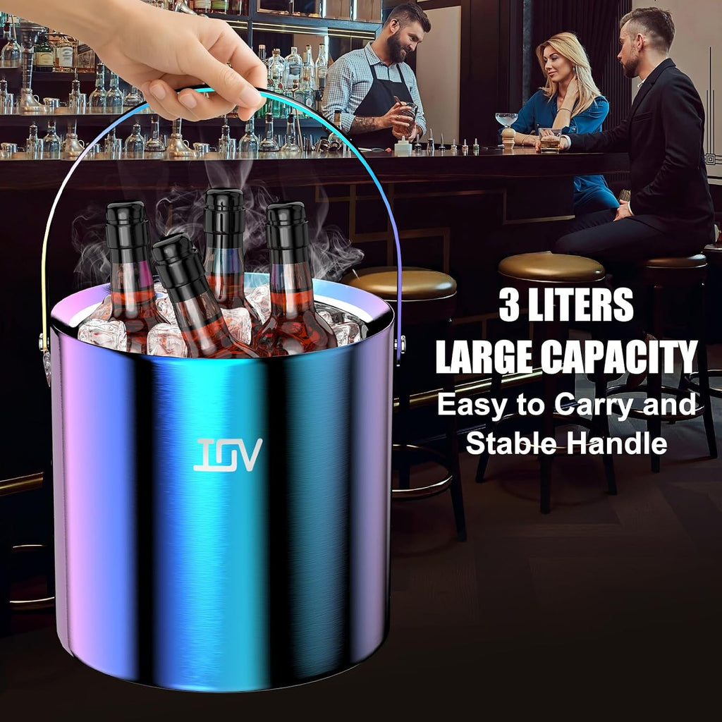 Ice Bucket with Lid, Scoop, Tongs, and Strainer, 3 L Stainless Steel Double Wall Insulated Ice Bucket for Parties