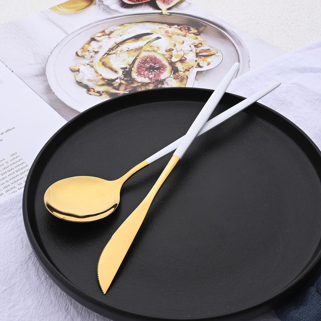 Mirror Silverware Set, 24-Piece 18/0 Stainless Steel Flatware Set For 6, Gold and White Color Forks Spoons Knives