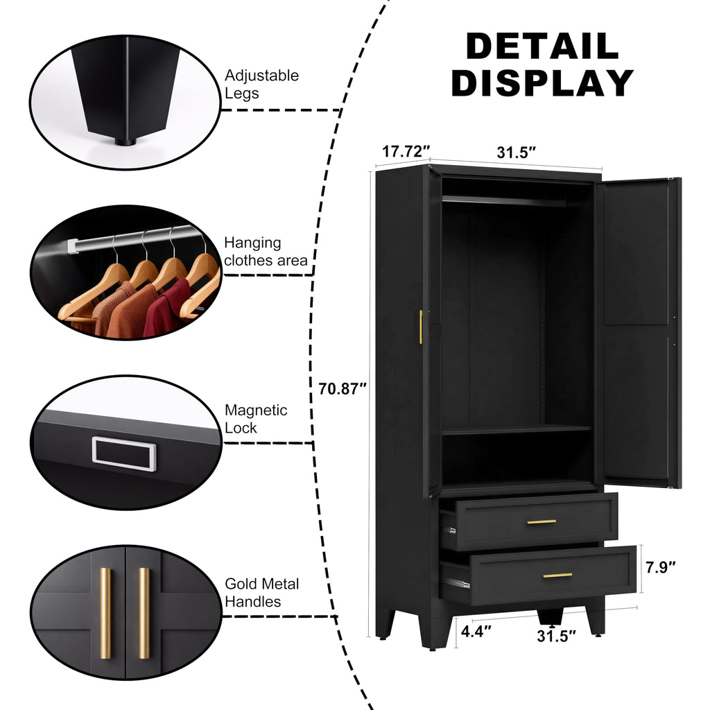 71" H Black Armoire Wardrobe Closet with Drawers, Metal Wardrobe Closet with Doors and Shelves, Tall Wardrobe Closet