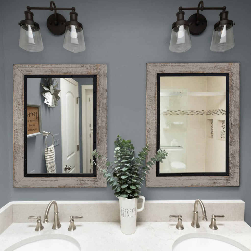 Rustic Wooden Framed Wall Mirror, 32"x24", Natural Wood and Iron Bathroom Vanity Mirror for Farmhouse Decor, Vertical