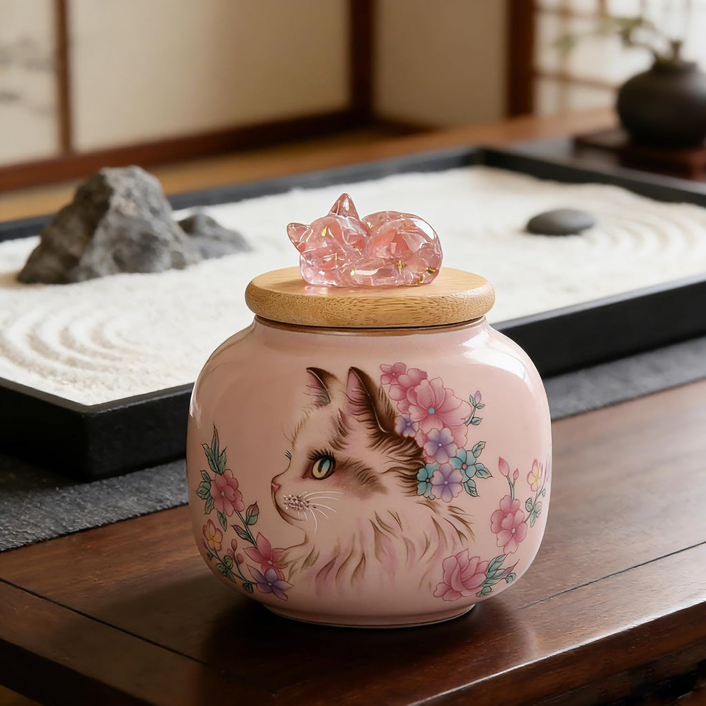 Ceramic Cat Urn for Ashes, Small Pet Urn with Crystal Cat Sculpture on Top, Pet Cremation Keepsake with Pink Cat