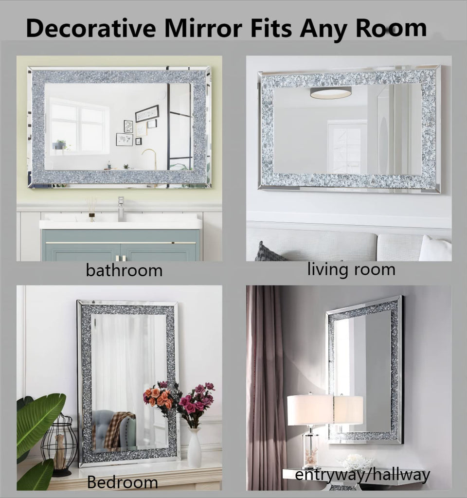 Crushed Diamond Mirrors for Wall Decor, 35.4x23.6 Decorative Mirror Rectangle Hanging Mirrors Large Crystal