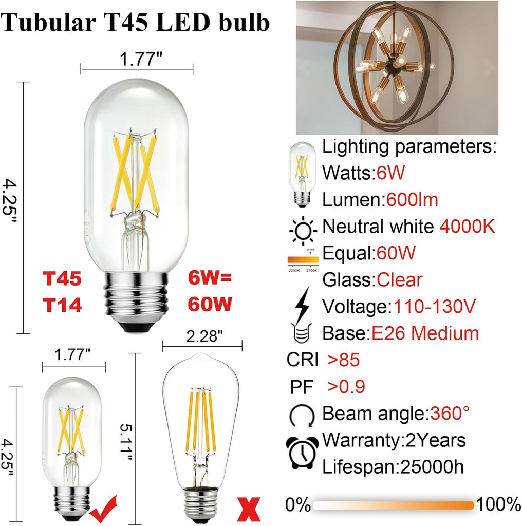 T45 E26 Led Bulb 60 watt,Edison Bulbs,Neutral White 4000K,Clear