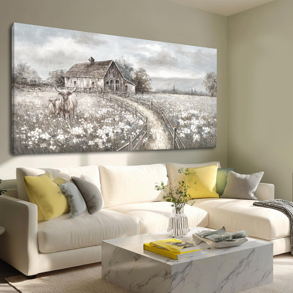 Neutral Greige Highland Cow Canvas Wall Art, Rustic Country Cottage Landscape with Meadow Flowers, Large Horizontal