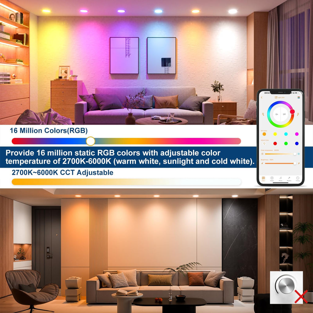 Smart Recessed Lighting 4 Inch RGBCW Color Changing 12W LED Downlight with Junction Box,1080 Lumen Recessed Ceiling
