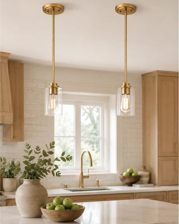 Brass Pendant Lights Kitchen Island 2 Pack, Farmhouse Gold Pendant Lighting with Clear Glass Shade, Mini Hanging