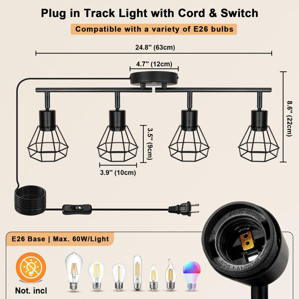 Plug in 4-Light Track Lighting Fixtures Ceiling Adjustable, Black