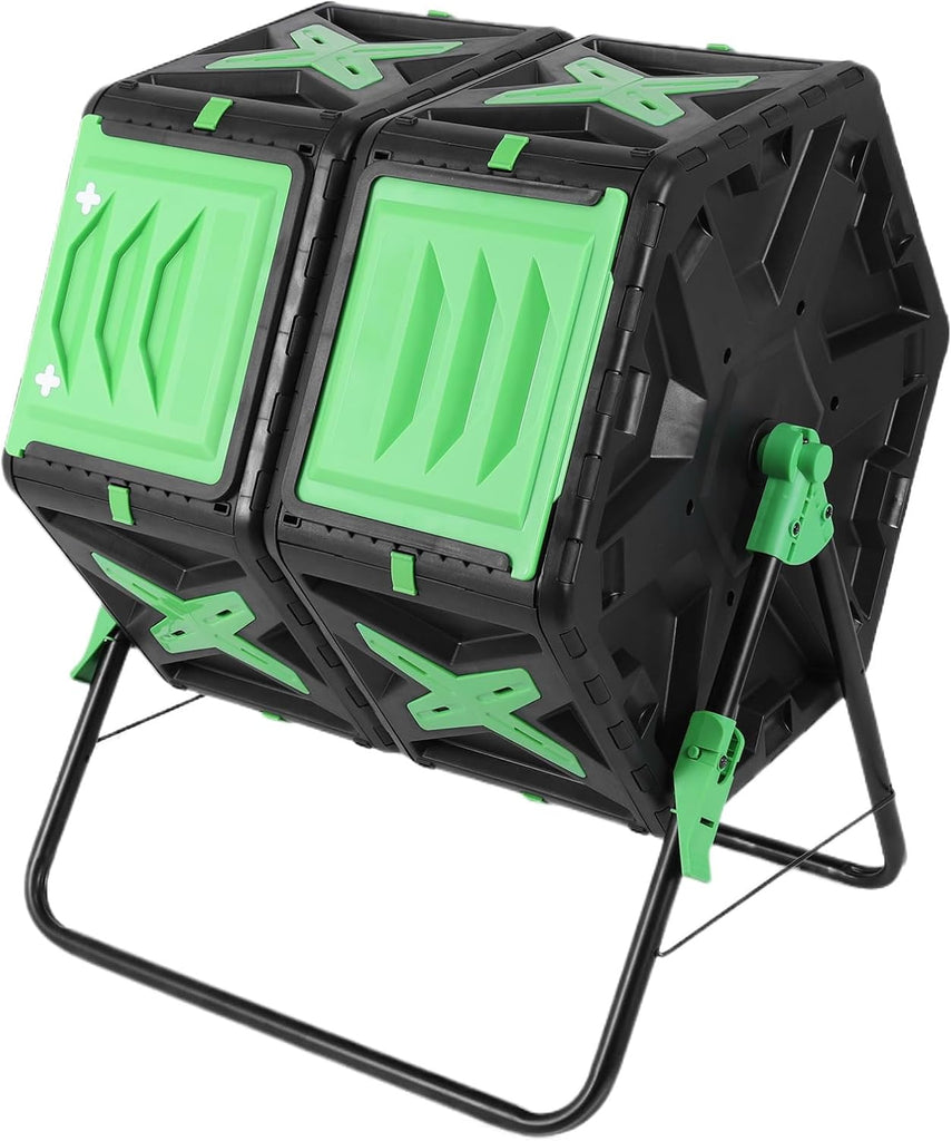 140L Dual Chamber Outdoor Tumbling Composting Bins with Sliding Door 360 | Large Compost Bin with Rotating Dual