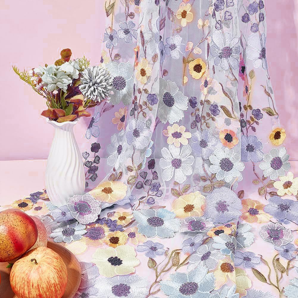 36 Inch 3D Flower Embroidery Lace Fabric Colorful Floral Mesh Fabric
