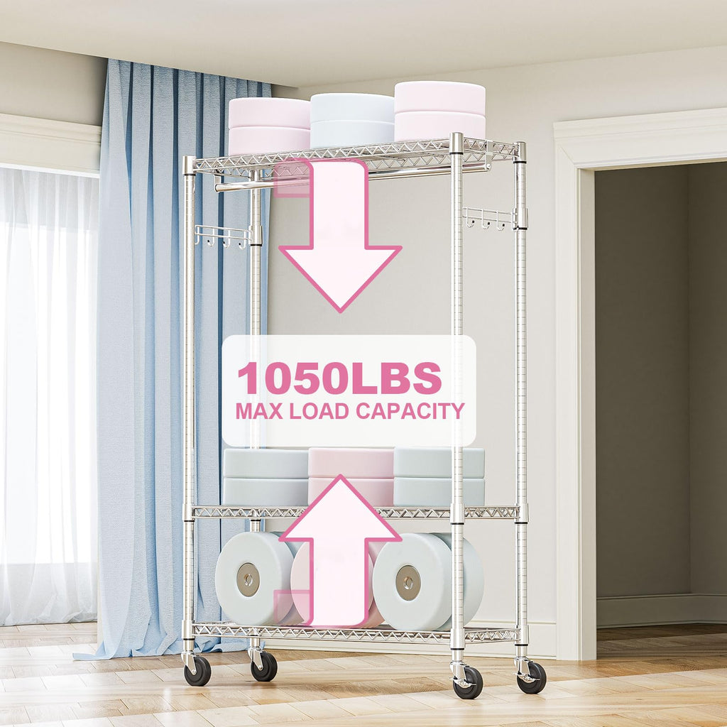 Heavy Duty Rolling Garment Rack 3 Tiers Adjustable Wire Shelving Clothes Rack with 1 Rods and Side Hooks,Storage