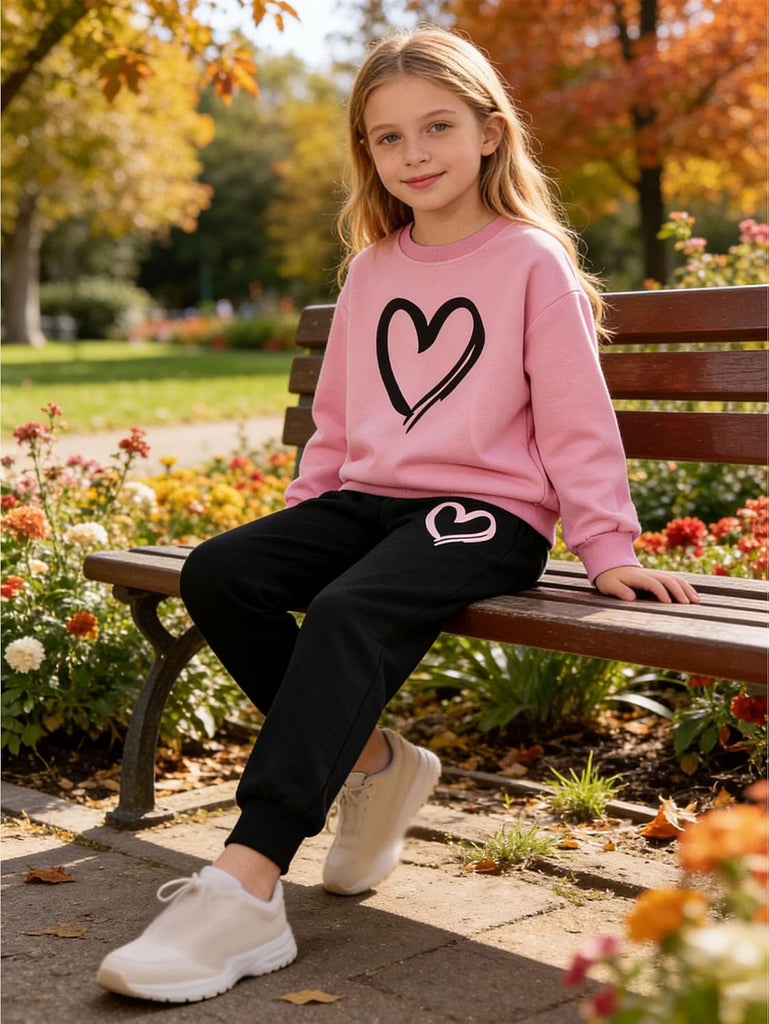 Graphic 4 Piece Outfits Heart Print Workout Hoodie and Sweatpants Fall Winter Clothing Set