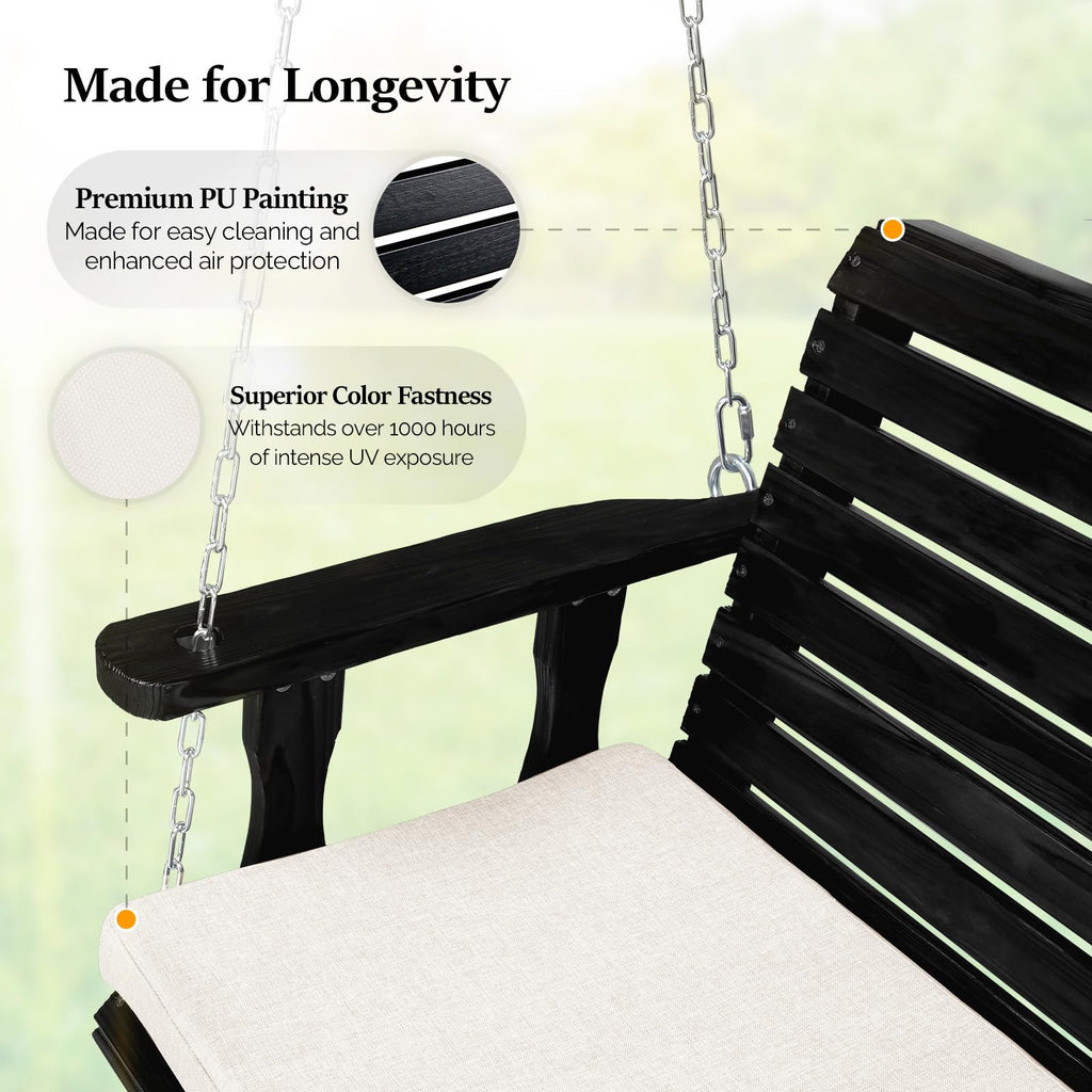4 FT Heavy Duty Porch Swing with Cushion, 880 LBS Wooden, Black