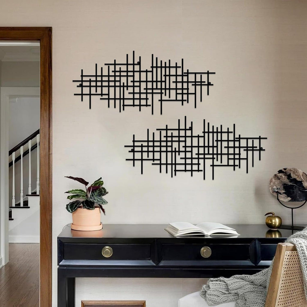 Abstract Geometric Line Metal Wall Decor, Minimalist Black Abstract Line Wall Art Sculpture, 19.6in×8.7in Modern - Set of 2