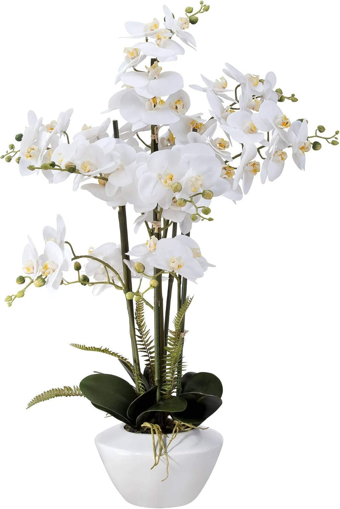 Potted Faux Artificial Flowers Arrangements Realistic White Phalaenopsis Orchid in White Ceramic Pot Decoration