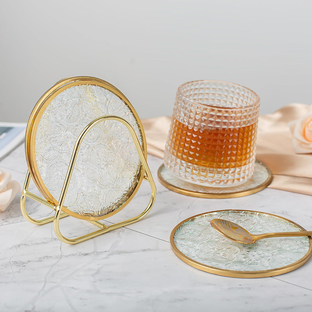 Glass Gold Coasters with Holder, Round Cup Coaster Set with Carved Glass Stylish for Coffee Tea Wine - Set of 4