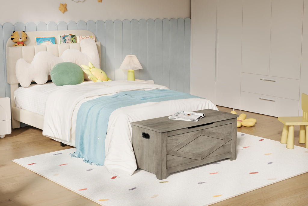 Farmhouse Wooden Storage Chest Bench, Safety Hinges, Spacious Multipurpose Organizer, or Playroom, Easy Assembly