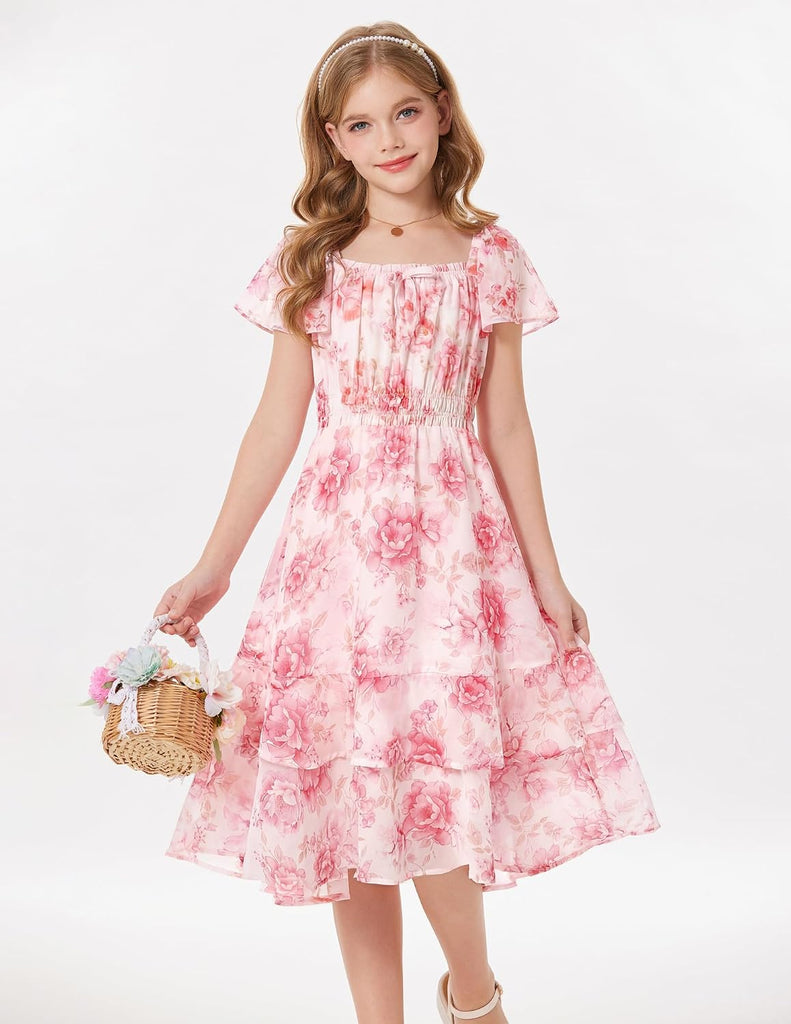 Girls Floral Summer Dress Flutter Sleeve Square Neck Midi Casual Dress for Girl