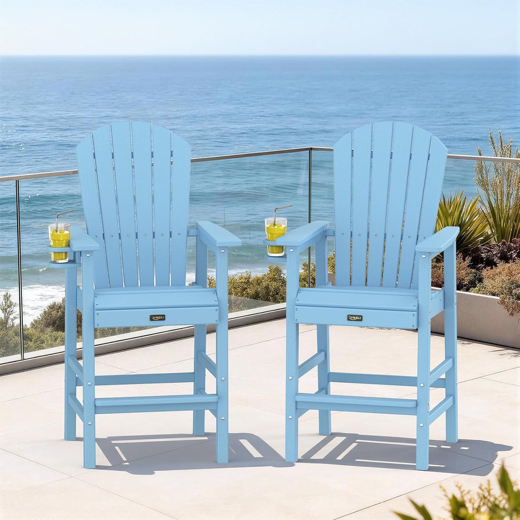 Tall Adirondack Chairs Set of 2, All-Weather Plastic Adirondack Chair with Cup Holders, Heavy-Duty HDPE Outdoor Bar