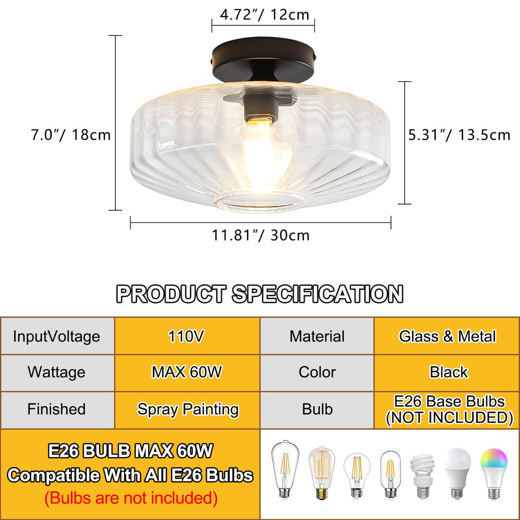 11.8" Clear Glass Ceiling Lights Retro Small Semi Flush Mount Ceiling Light
