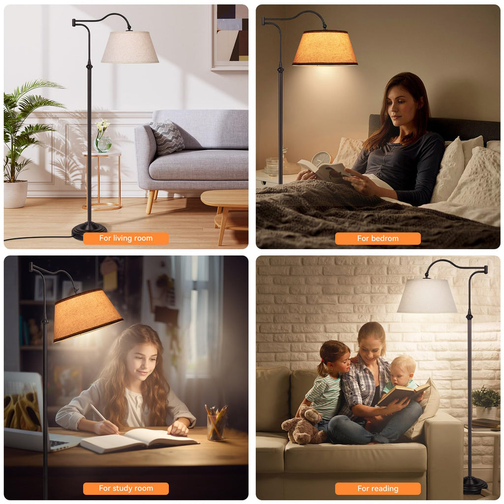 Swing Arm Floor Lamp, Arc Floor Lamps with 180° Adjustable Cantilever, Mid Century Standing Lamp with Linen Shade