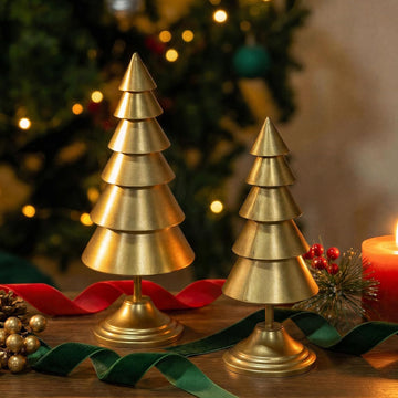 Small Christmas Tree Figurines Set of 2, Gold Tabletop Decor